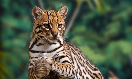 Ocelot rests on a tree.