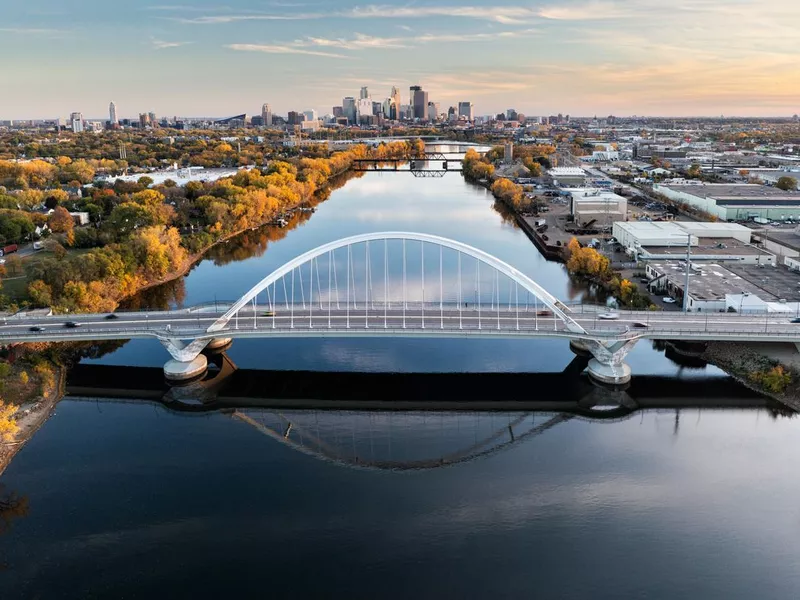 Aerial view of Minneapolis and the Lowry Avenue bridge