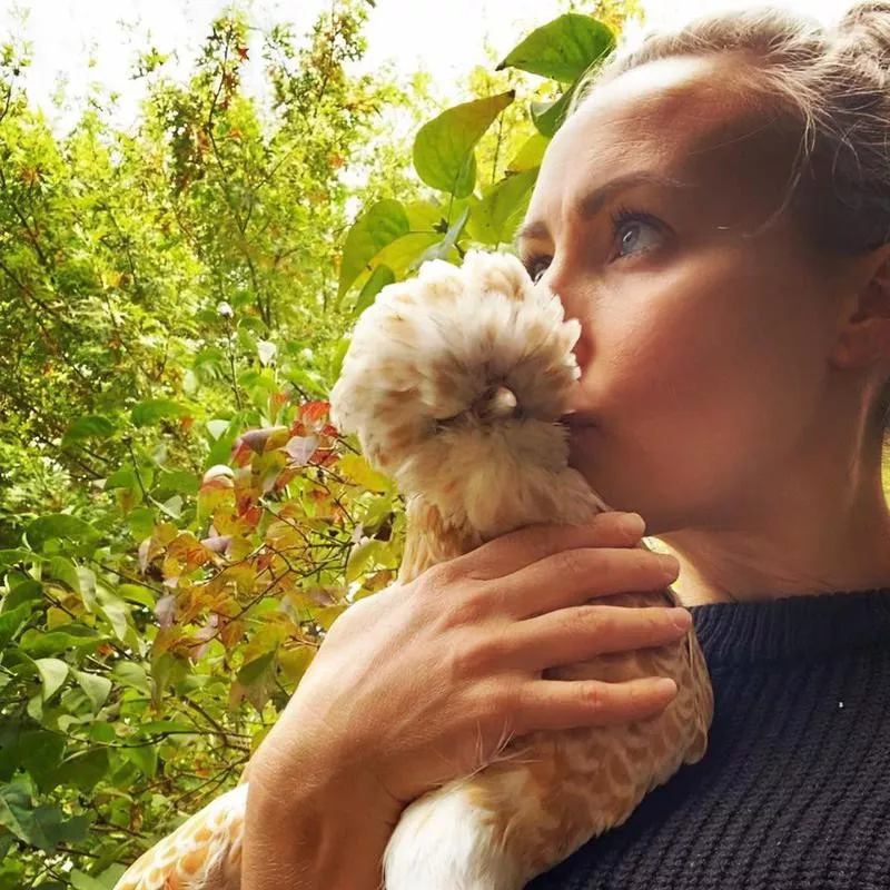 Girl kissing her pet chicken