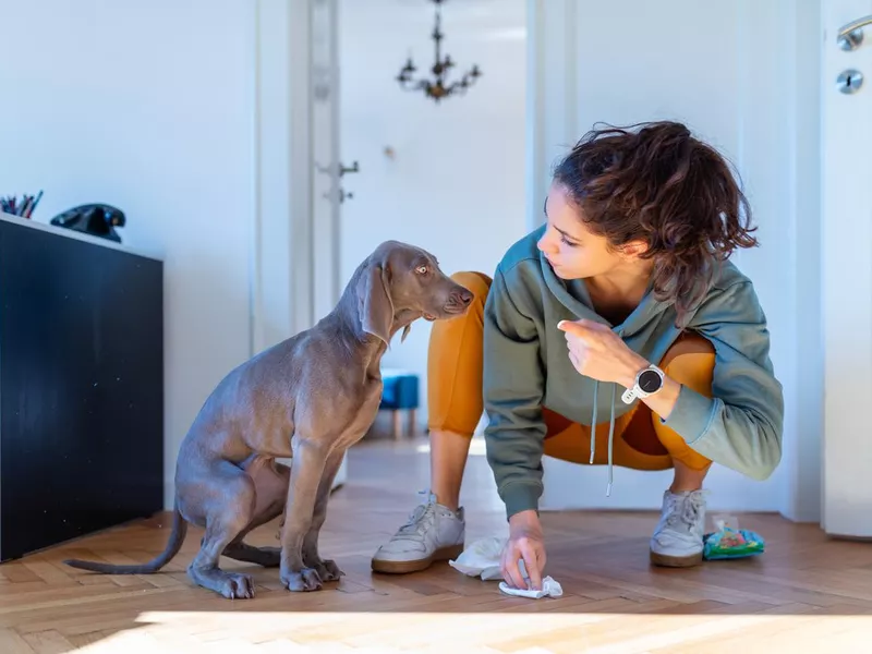 Unhappy puppy owner with dog who peed on the parquet floor