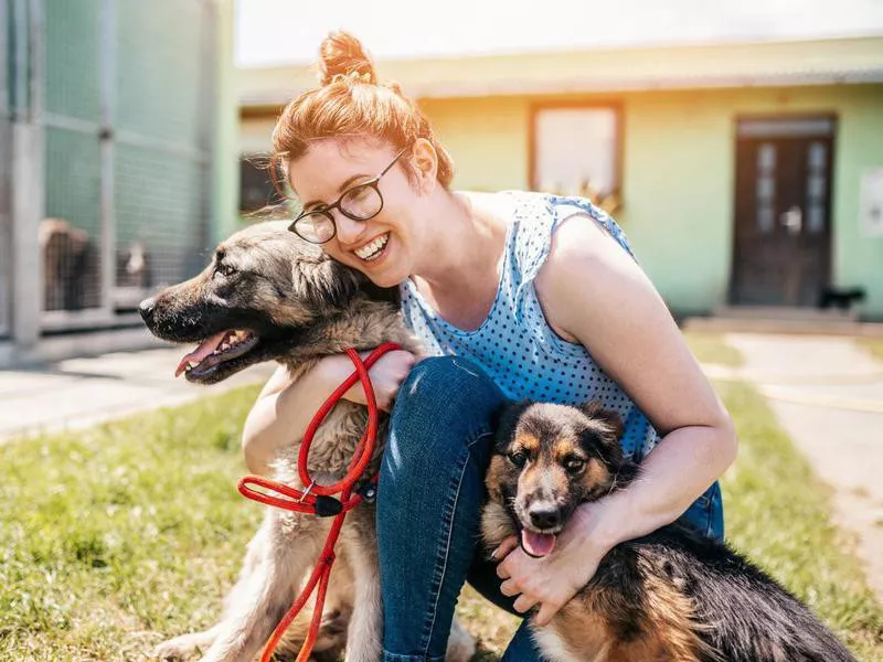 Woman hugging dogs