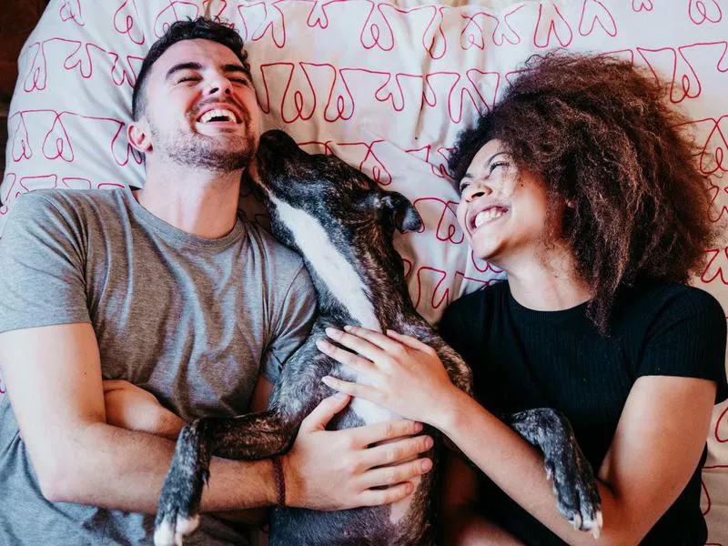 Happy couple in love at home cuddling with dog