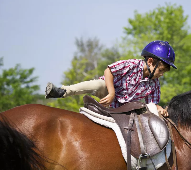 Little boy getting on a pony