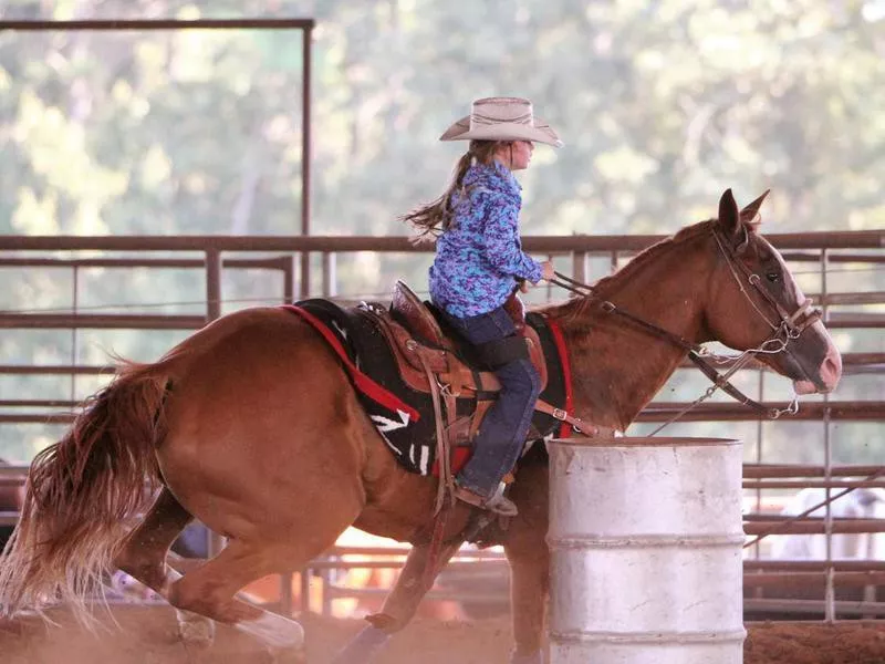 Little girl running barrels with quarter horse