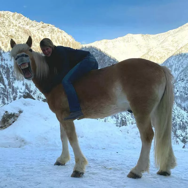 Woman Riding a Smiling Horse