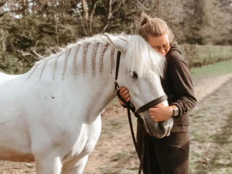 Young woman cuddling her Highland Pony