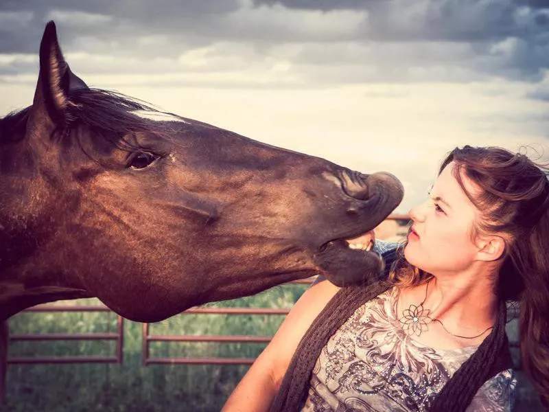 Horse smiling at woman