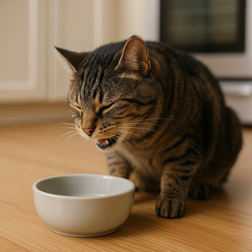 The bowl-side mutter: tiny meows, then teeth taps