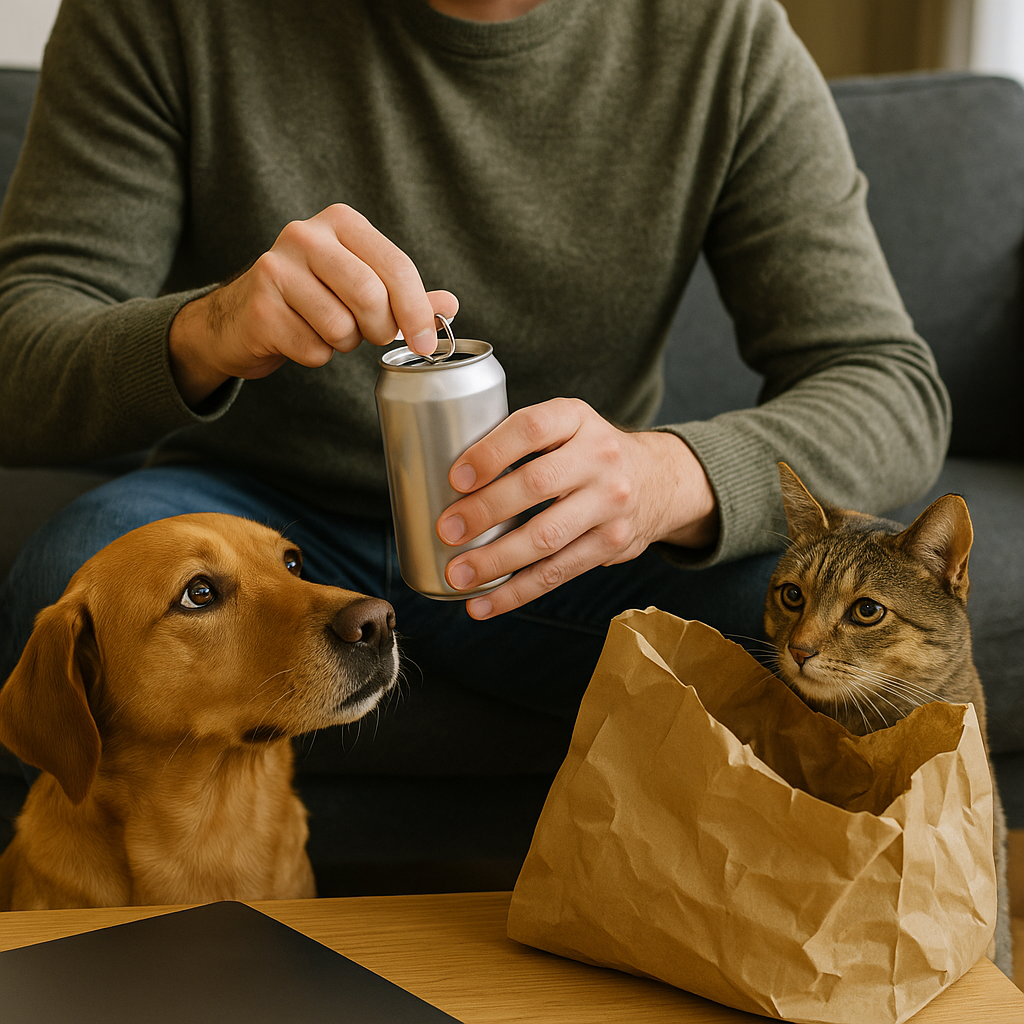 Seltzer can + crinkle bag: the two-sound punchline