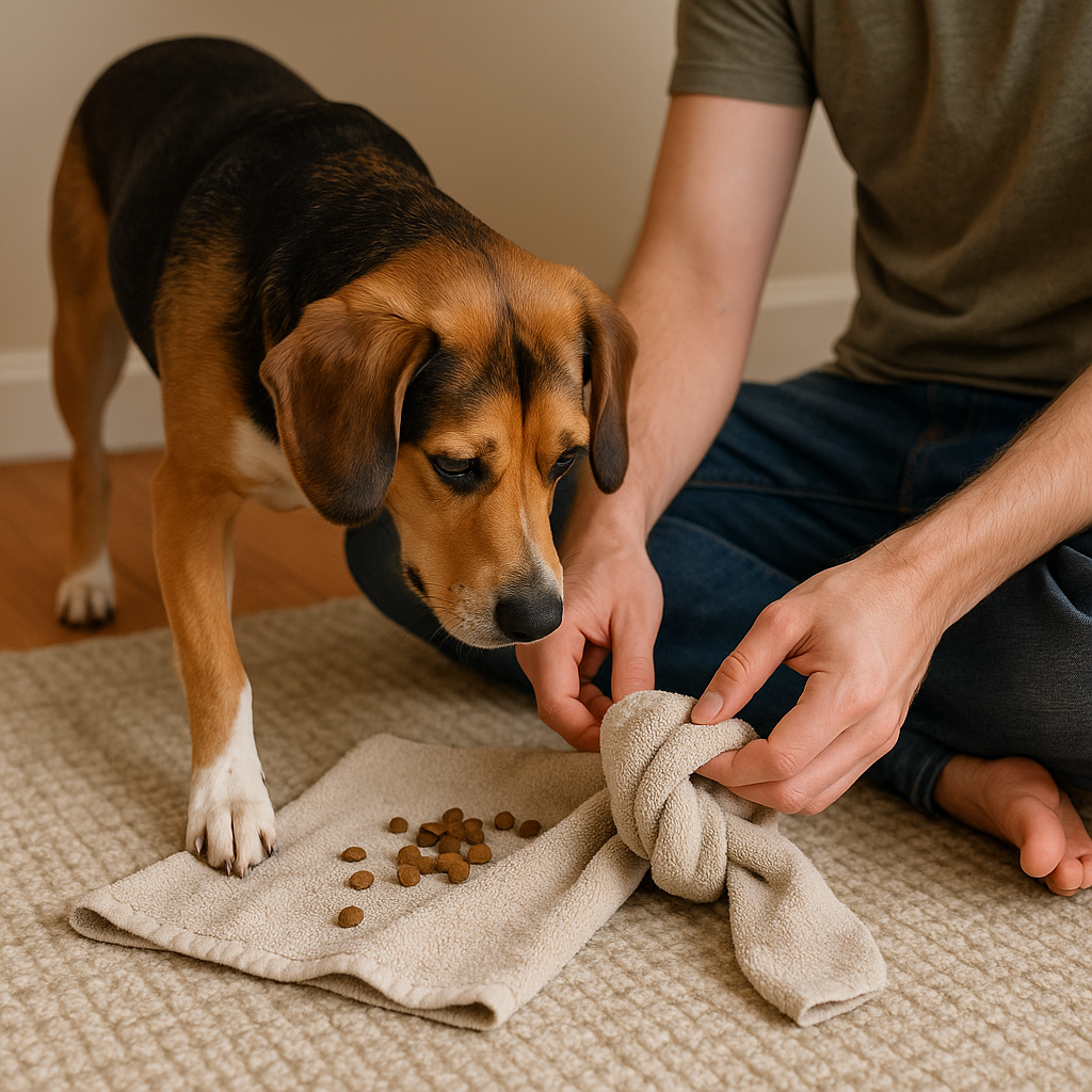 A towel burrito that turns kibble into a hunt