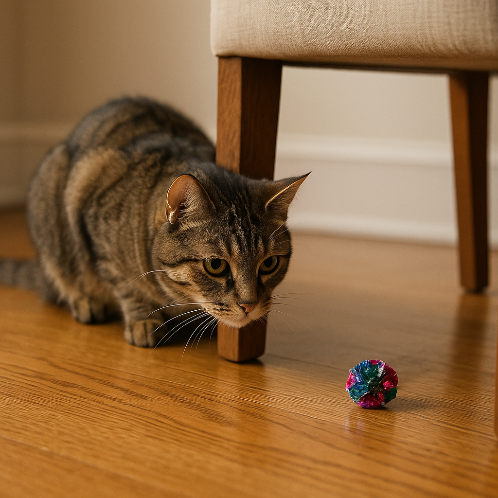 The crinkle ball stakeout behind one chair leg