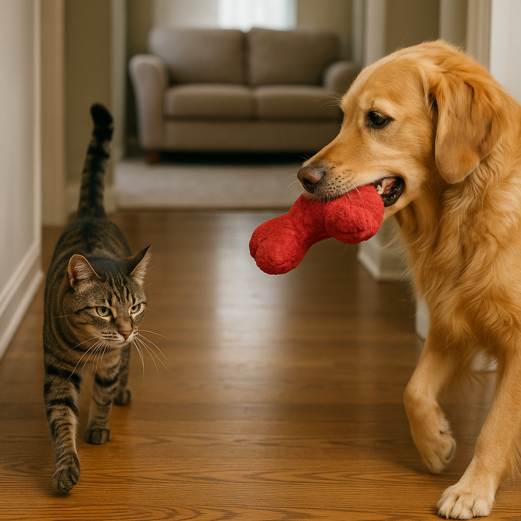 Squeaky-toy theft, executed with teamwork