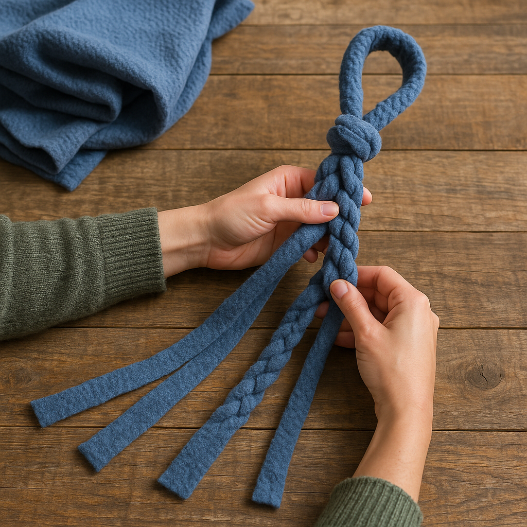Fleece rope tug from an old throw blanket