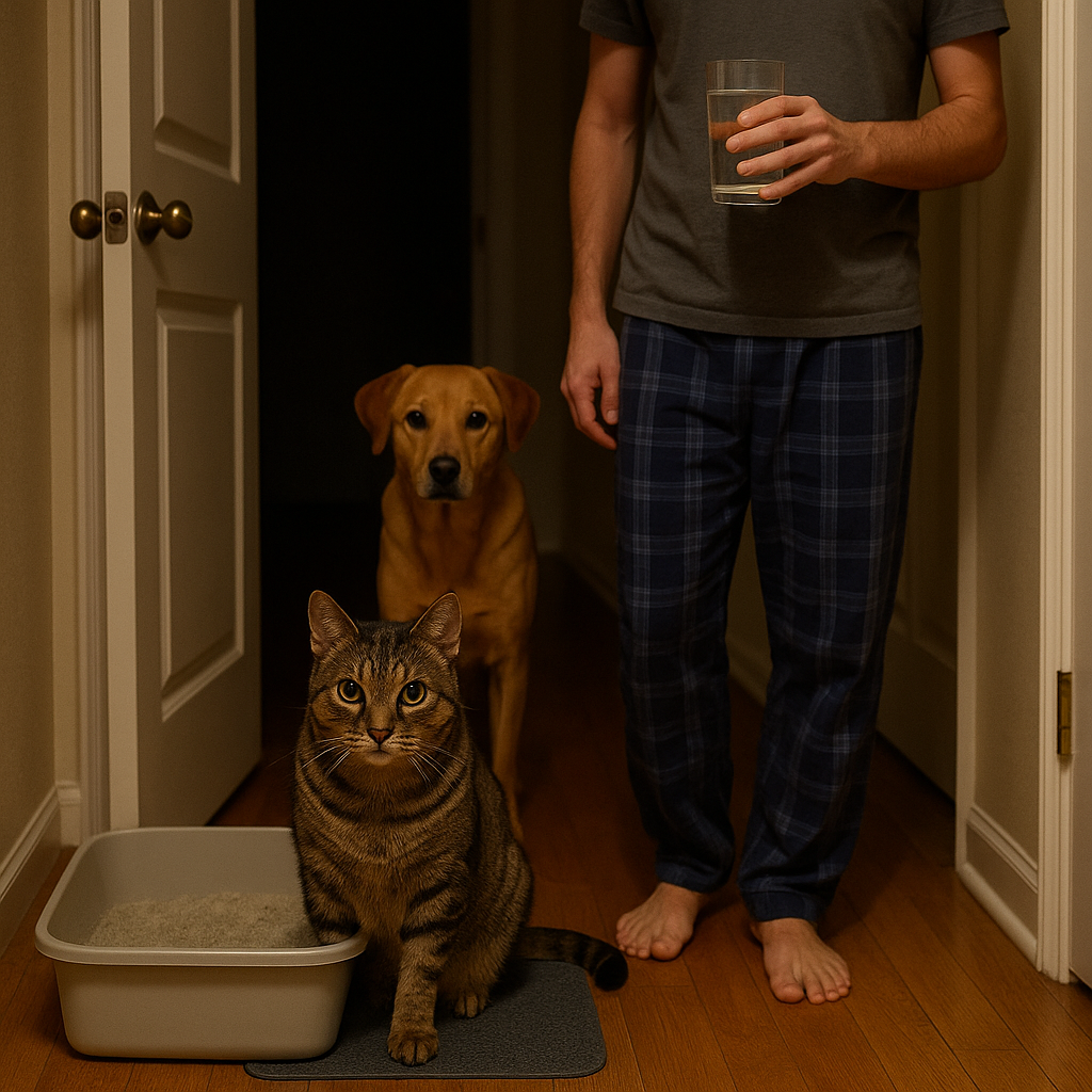 The midnight hallway tollbooth: one paw in, one paw out